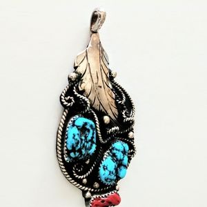 Vintage Turquoise & Coral Sterling Silver Pendant